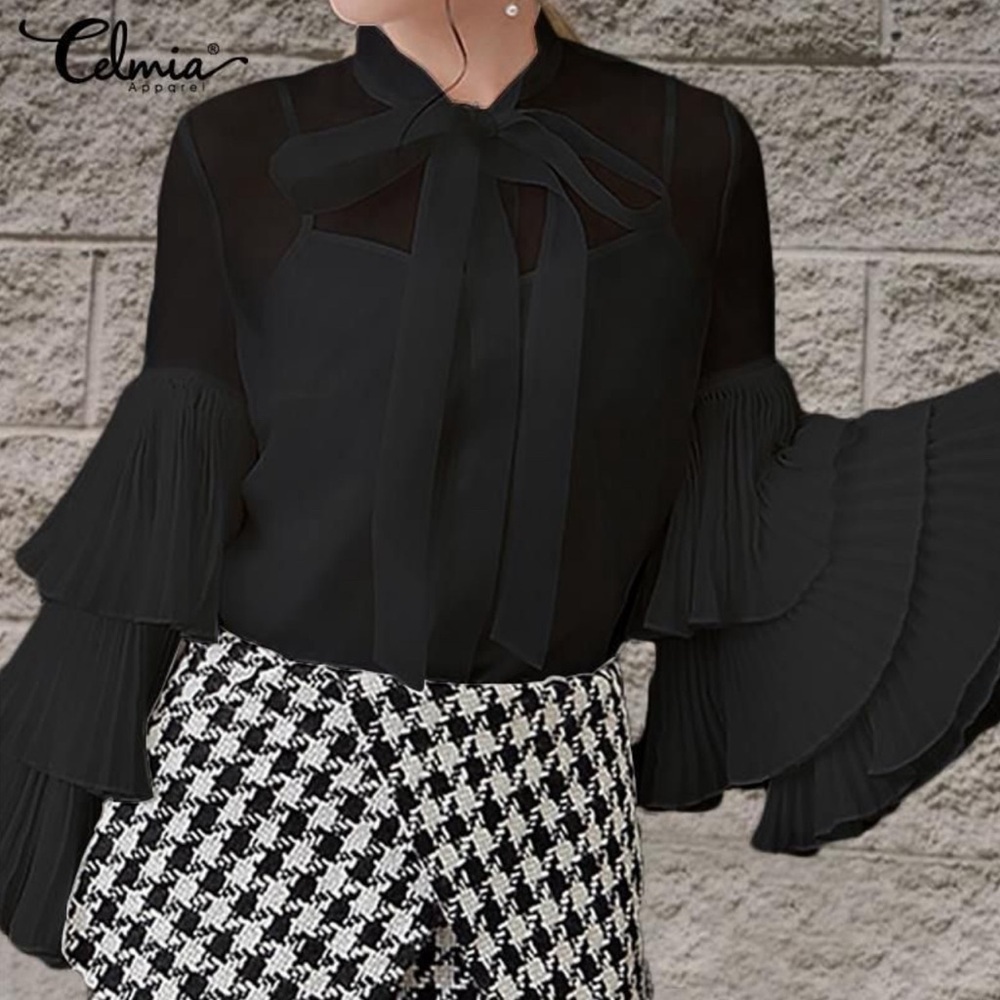 NWOT Celmia chiffon Black poet sleeve sheer top China size 5X (see measurements)